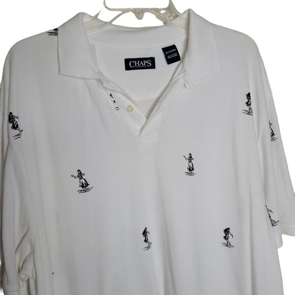 Chaps Men's XL White Hula Girl Short Sleeve Vneck 1/4 Button Cotton Polo Shirt - Picture 2 of 9
